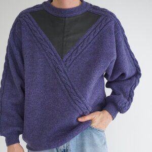 Vintage Signor Angelo Purple Cable Knit Leather Alpaca Panel Wool Sweater Large